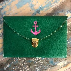 Leather Clutch Green with Pink Embroidered Anchor